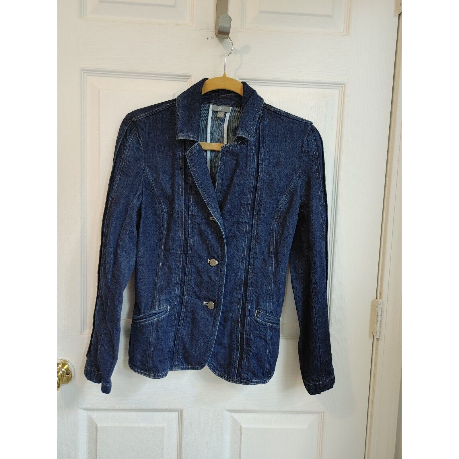 J. Jill Womens Denim Blazer Size 4 Blue Cotton Linen Three Button Jacket